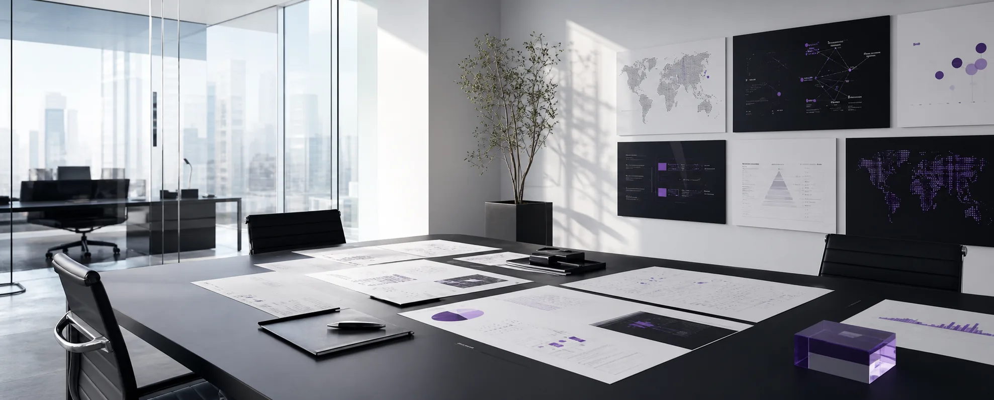 Brand positioning studio with strategic market maps and leadership planning boards