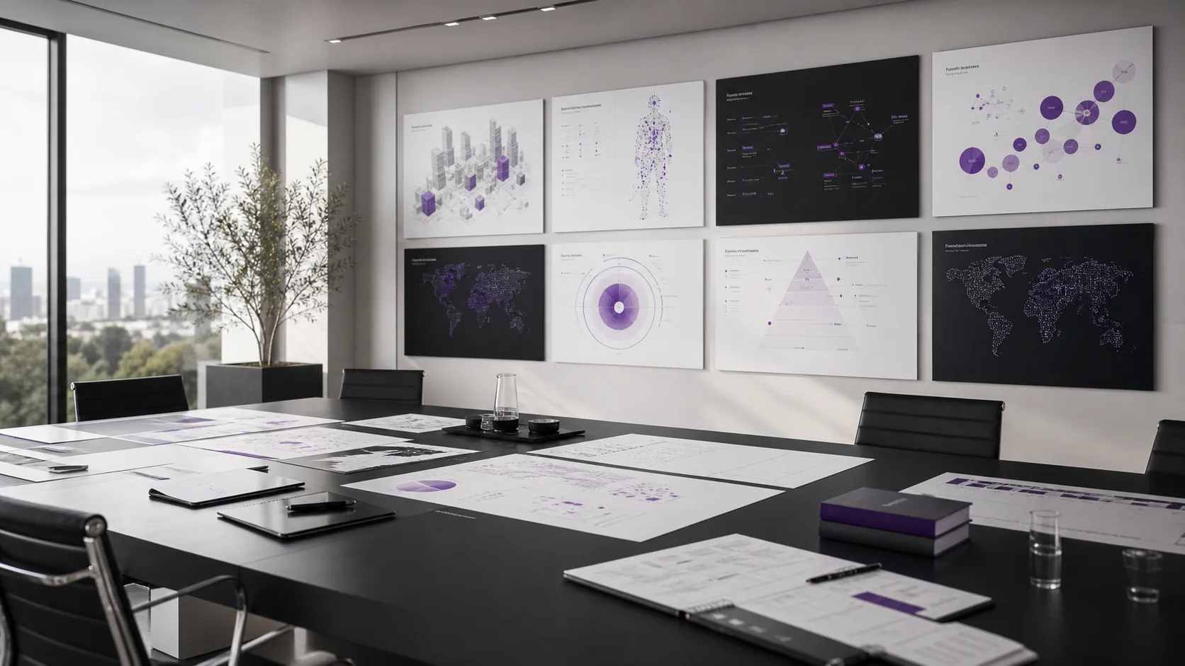 Sector strategy room with industry portfolio maps and audience behavior diagrams