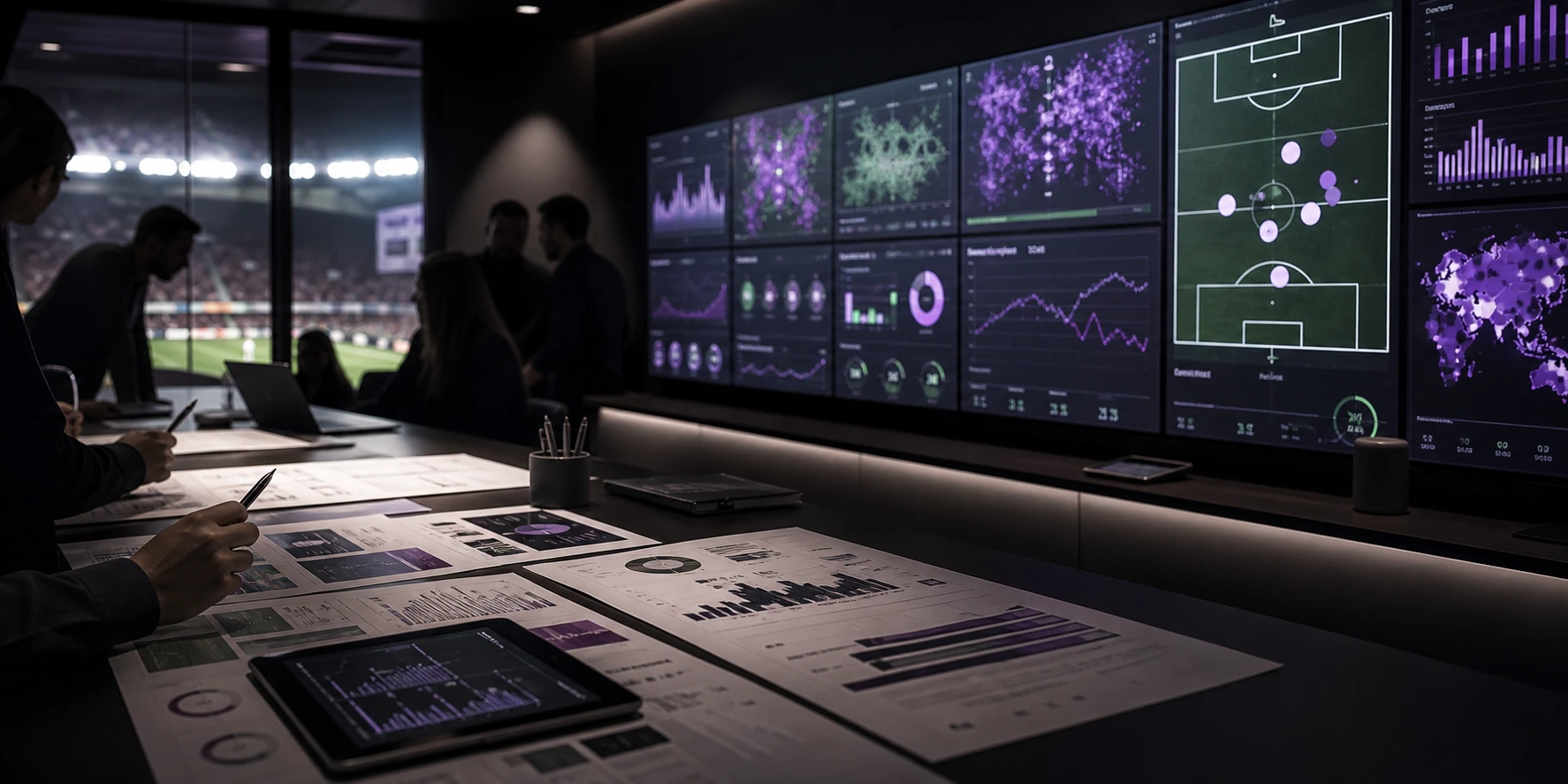 Football strategy command center with dashboards, pitch analysis, and marketing performance planning
